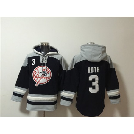 Men's New York Yankees #3 Babe Ruth Black/Grey Ageless Must-Have Lace-Up Pullover Hoodie