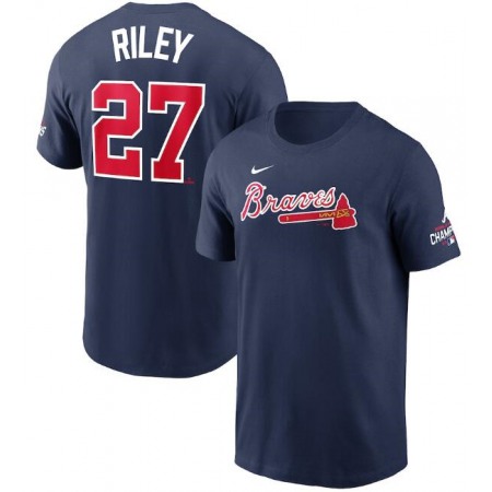 Men's Atlanta Braves #27 Austin Riley 2021 Navy World Series Champions Player Name & Number T-Shirt