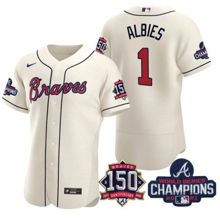 Men's Atlanta Braves #1 Ozzie Albies 2021 Cream World Series Champions With 150th Anniversary Flex Base Stitched Jersey