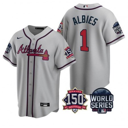 Men's Atlanta Braves #1 Ozzie Albies 2021 Gray World Series With 150th Anniversary Patch Cool Base Stitched Jersey