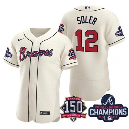 Men's Atlanta Braves #12 Jorge Soler 2021 Cream World Series Champions With 150th Anniversary Flex Base Stitched Jersey