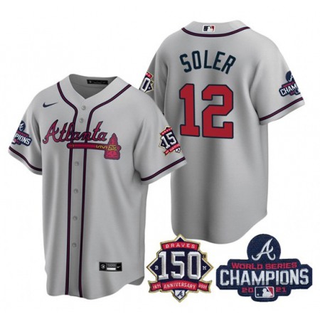 Men's Atlanta Braves #12 Jorge Soler 2021 Grey World Series Champions With 150th Anniversary Patch Cool Base Stitched Jersey