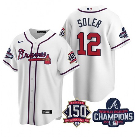 Men's Atlanta Braves #12 Jorge Soler 2021 White World Series Champions With 150th Anniversary Patch Cool Base Stitched Jersey