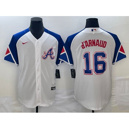 Men's Atlanta Braves #16 Travis d'Arnaud White 2023 City Connect Cool Base Stitched Baseball Jersey