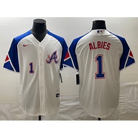 Men's Atlanta Braves #1 Ozzie Albies White 2023 City Connect Cool Base With Patch Stitched Baseball Jersey