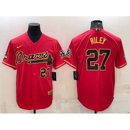 Men's Atlanta Braves #27 Austin Riley Red Gold Cool Base Stitched Baseball Jersey