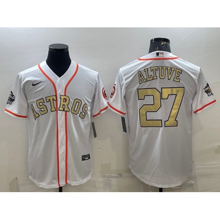 Men's Houston Astros #27 Jose Altuve White Gold 2022 World Series Stitched Baseball Jersey