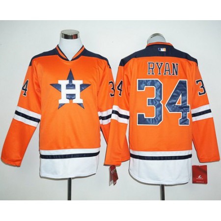 Astros #34 Nolan Ryan Orange Long Sleeve Stitched MLB Jersey