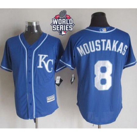 Royals #8 Mike Moustakas Blue Alternate 2 New Cool Base W/2015 World Series Patch Stitched MLB Jersey