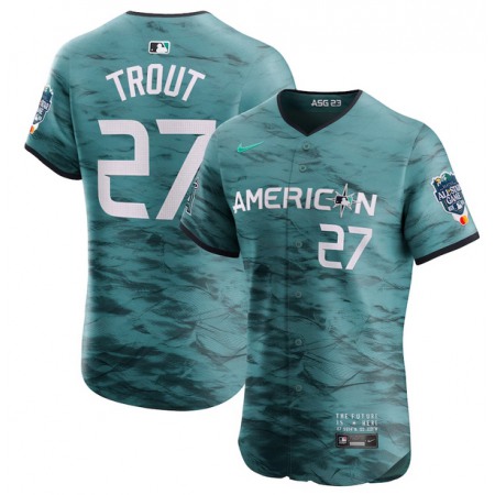 Men's Los Angeles Angels #27 Mike Trout Teal 2023 All-star Flex Base Stitched Jersey