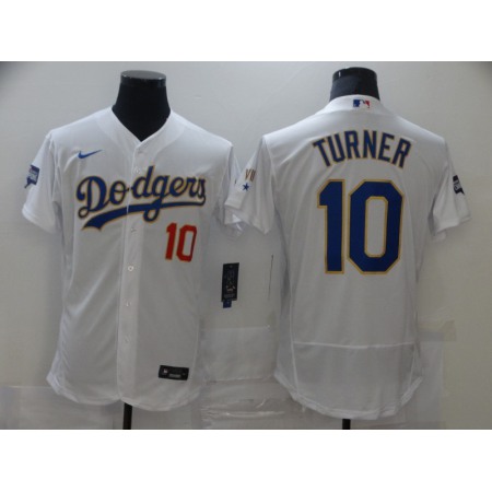 Men's Los Angeles Dodgers #10 Justin Turner White Gold Championship Flex Base Sttiched MLB Jersey