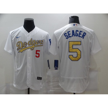 Men's Los Angeles Dodgers #5 Corey Seager 2021 White Gold Sttiched Jersey