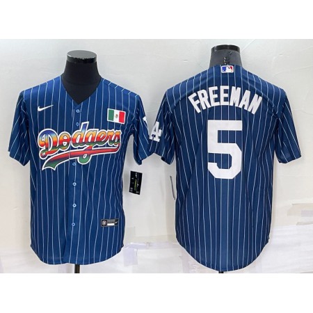 Men's Los Angeles Dodgers #5 Freddie Freeman Navy Mexico Rainbow Cool Base Stitched Baseball Jersey