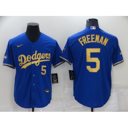 Men's Los Angeles Dodgers #5 Freddie Freeman Royal Gold Cool Base Stitched Baseball Jersey