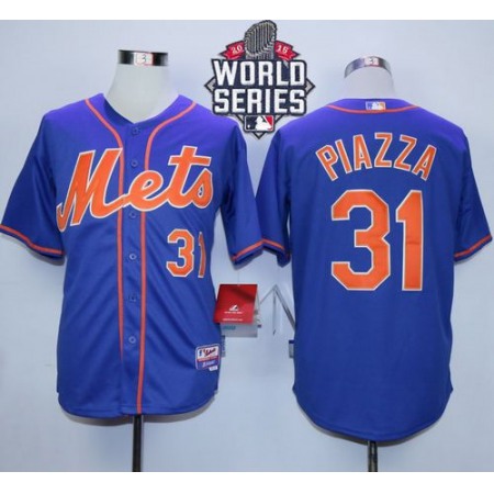 Mets #31 Mike Piazza Blue Alternate Home W/2015 World Series Patch Stitched MLB Jersey