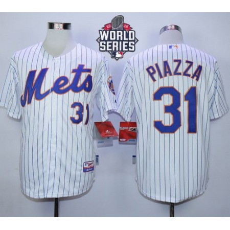 Mets #31 Mike Piazza White(Blue Strip) Home Cool Base W/2015 World Series Patch Stitched MLB Jersey