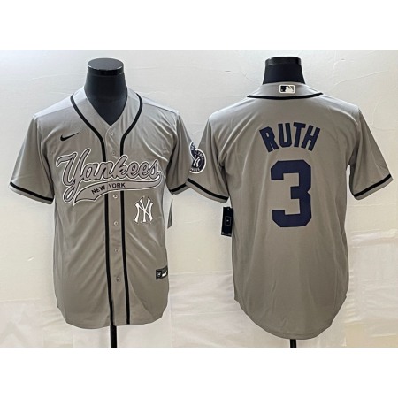 Men's New York Yankees #3 Babe Ruth Gray With Patch Cool Base Stitched Baseball Jersey