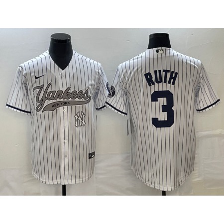 Men's New York Yankees #3 Babe Ruth White With Patch Cool Base Stitched Baseball Jersey