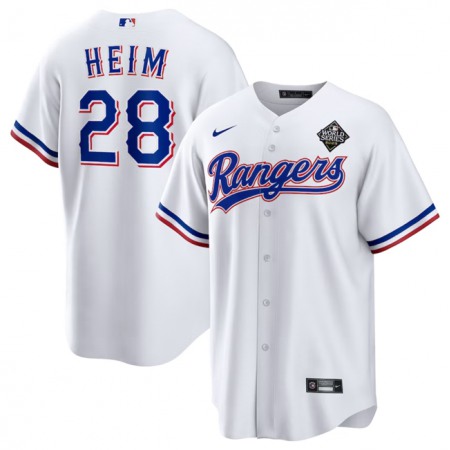 Men's Texas Rangers #28 Jonah Heim 2023 White World Series Stitched Baseball Jersey