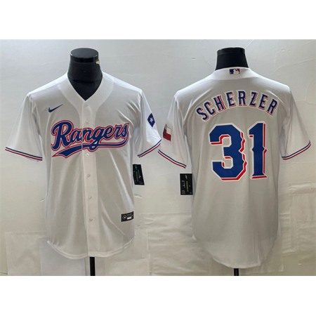 Men's Texas Rangers #31 Max Scherzer White With Patch Cool Base Stitched Baseball Jersey