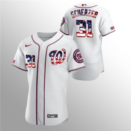 Men's Washington Nationals #31 Max Scherzer White 2020 Stars & Stripes Flex Base Stitched Jersey