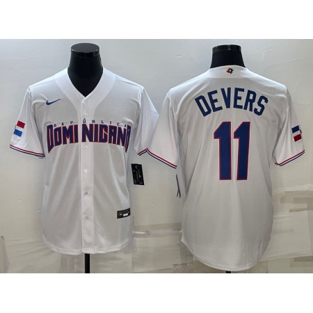 Men's Dominican Republic Baseball #11 Rafael Devers 2023 White World Baseball Classic Stitched Jersey