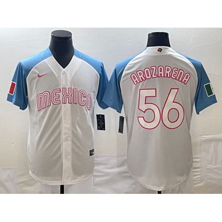 Men's Mexico Baseball #56 Randy Arozarena 2023 White Blue World Baseball Classic Stitched Jersey