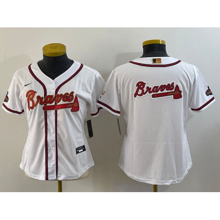 Women's Atlanta Braves Team Big Logo 2022 White Gold World Series Champions Program Stitched Jersey(Run Small)