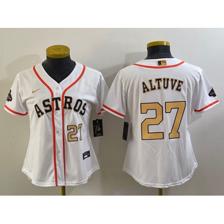 Women's Houston Astros #27 Jose Altuve White 2023 Gold Collection With World Serise Champions Patch Stitched Jersey(Run Small)