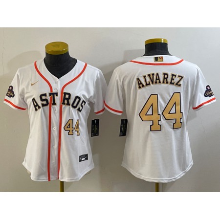 Women's Houston Astros #44 Yordan Alvarez White 2023 Gold Collection With World Serise Champions Patch Stitched Jersey(Run Small)