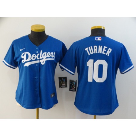 Women's Los Angeles Dodgers #10 Justin Turner Blue Cool Base Stitched MLB Jersey(Run Small)