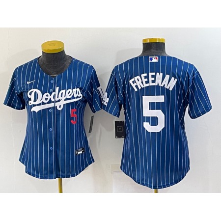 Women's Los Angeles Dodgers #5 Freddie Freeman Navy/Gold Stitched Baseball Jersey(Run Small)