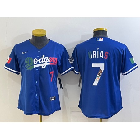 Women's Los Angeles Dodgers #7 Julio Urias Royal Mexico Cool Base Stitched Jersey(Run Small)