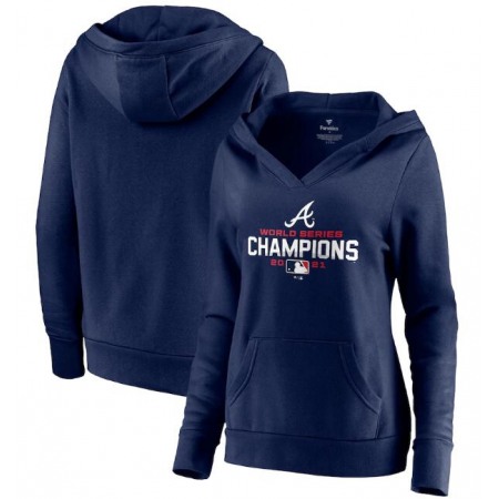 Women's Atlanta Braves 2021 Navy World Series Champions Crossover Neck Pullover Hoodie(Run Small)