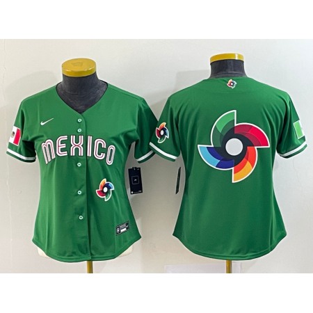 Women's Mexico Baseball 2023 Green Big Logo World Baseball Classic Stitched Jersey(Run Small)