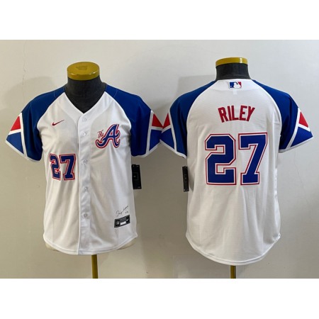 Youth Atlanta Braves #27 Austin Riley White 2023 City Connect With Patch Stitched Baseball Jersey