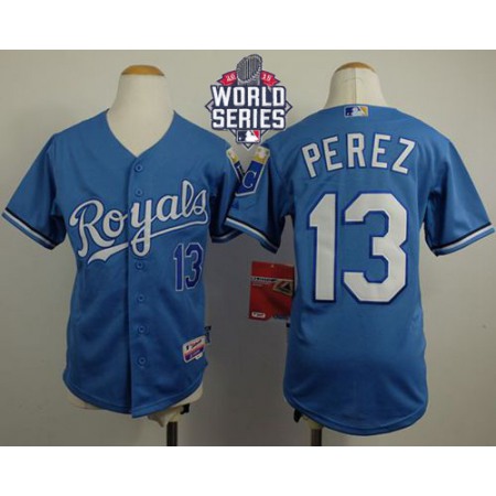 Royals #13 Salvador Perez Light Blue Cool Base Alternate 1 W/2015 World Series Patch Stitched Youth MLB Jersey