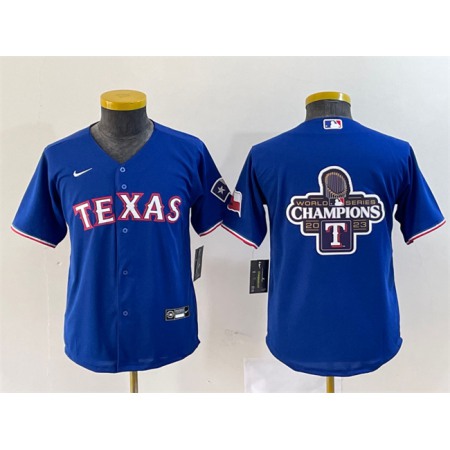 Youth Texas Rangers Royal 2023 World Series Champions Big Logo With Patch Stitched Baseball Jersey