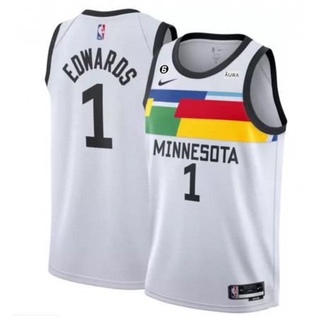 Men's Minnesota Timberwolves #1 Anthony Edwards White 2022/23 City Edition With NO.6 Patch Stitched Jersey