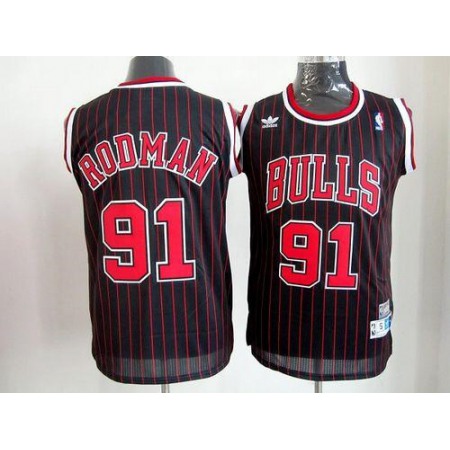 Bulls #91 Dennis Rodman Black With Red Strip Throwback Stitched NBA Jersey