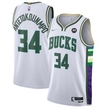 Men's Milwaukee Bucks #34 Giannis Antetokounmpo White 2021/22 75th Anniversary Swingman City Edition Stitched Jersey