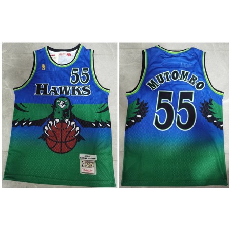 Men's Atlanta Hawks #55 Dikembe Mutombo Blue and Green 1996-97 Throwback Swingman Stitched Jersey