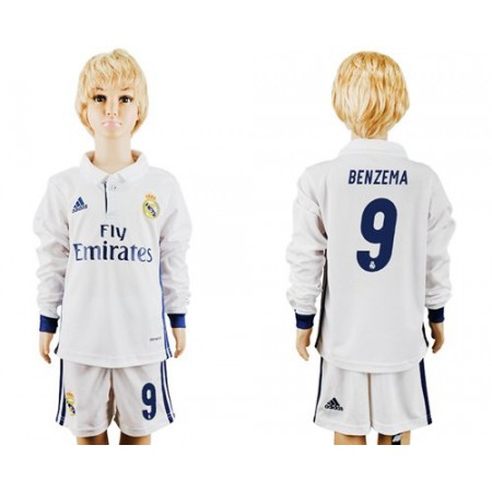 Real Madrid #9 Benzema Home Long Sleeves Kid Soccer Club Jersey