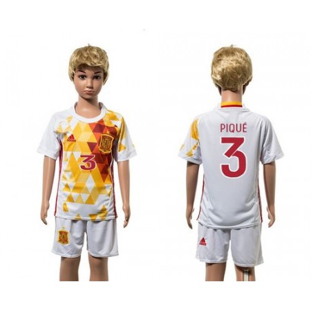 Spain #3 Pique White Away Kid Soccer Country Jersey