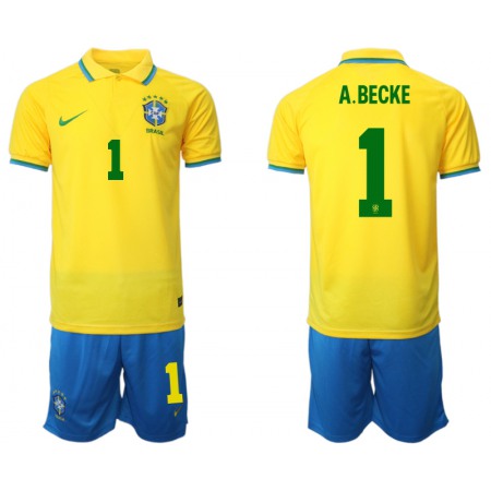 Men's Brazil #1 A. Becke Yellow Home Soccer Jersey Suit