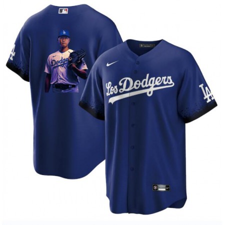 Men's Los Angeles Dodgers #17 Shohei Ohtani Blue Big Logo City Connect Cool Base Stitched Jersey