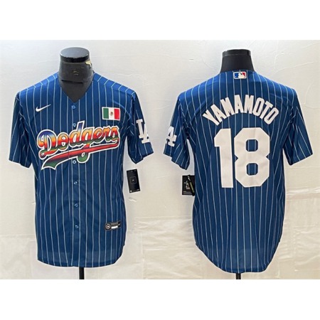 Men's Los Angeles Dodgers #18 Yoshinobu Yamamoto Navy Cool Base With Patch Stitched Baseball Jersey