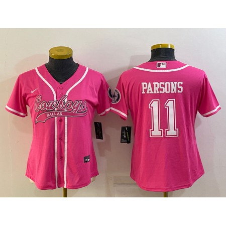 Women's Dallas Cowboys #11 Micah Parsons Pink With Patch Cool Base Stitched Baseball Jersey(Run Small)