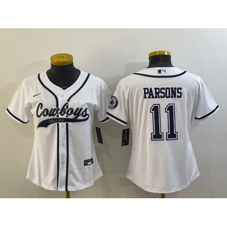 Women's Dallas Cowboys #11 Micah Parsons White With Patch Cool Base Stitched Baseball Jersey(Run Small)