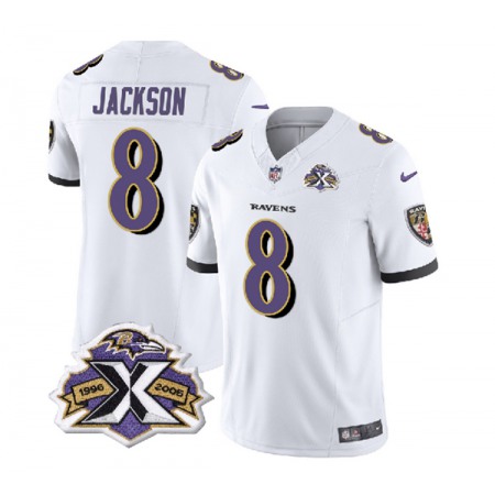 Men's Baltimore Ravens #8 Lamar Jackson White 2023 F.U.S.E With Patch Throwback Vapor Limited Jersey